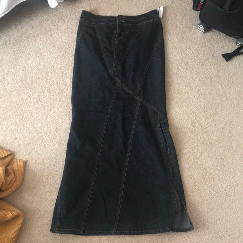 High waisted long dark jean skirt